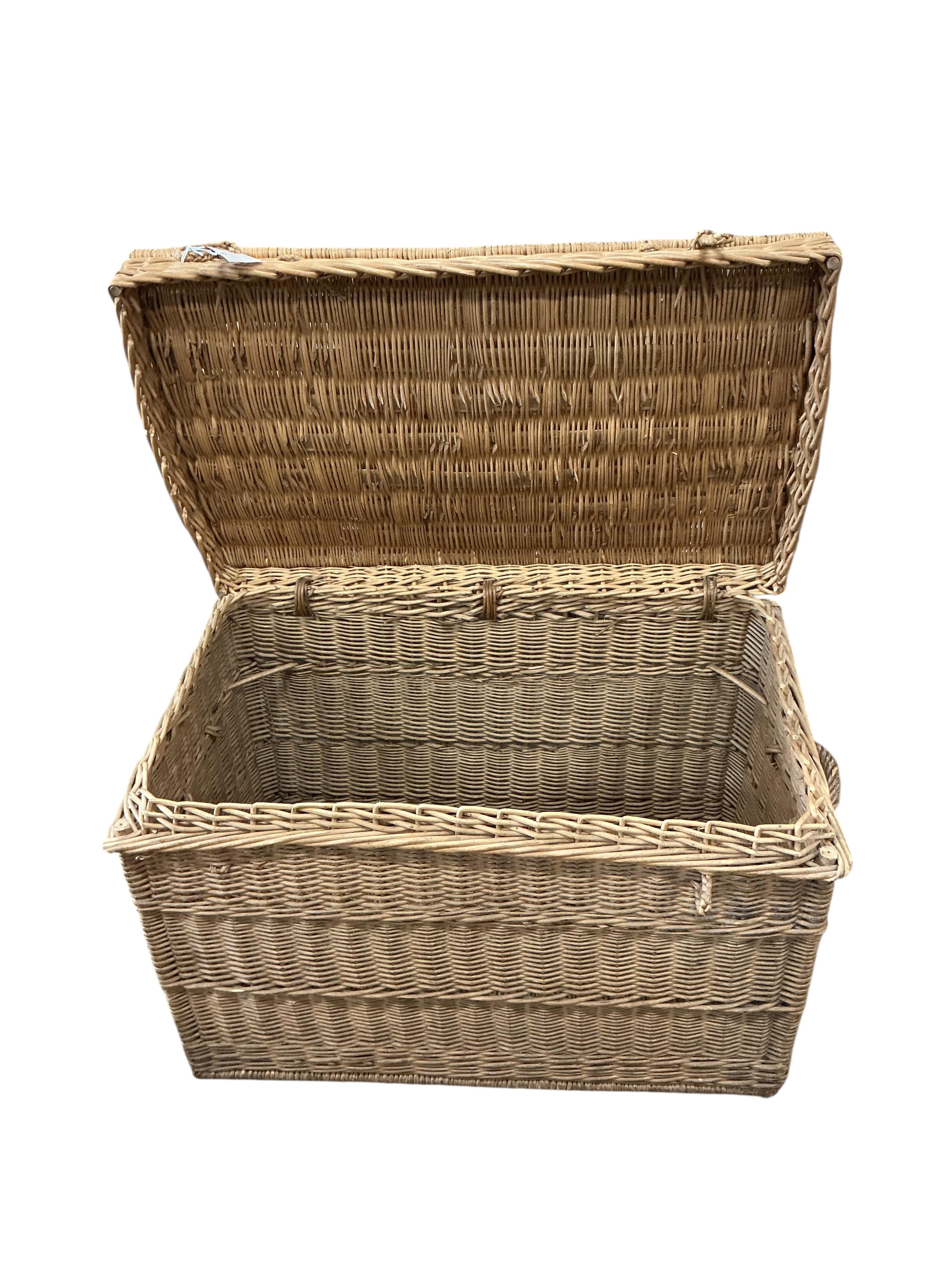 A vintage wicker laundry hamper, width 84cm, depth 52cm, height 56cm